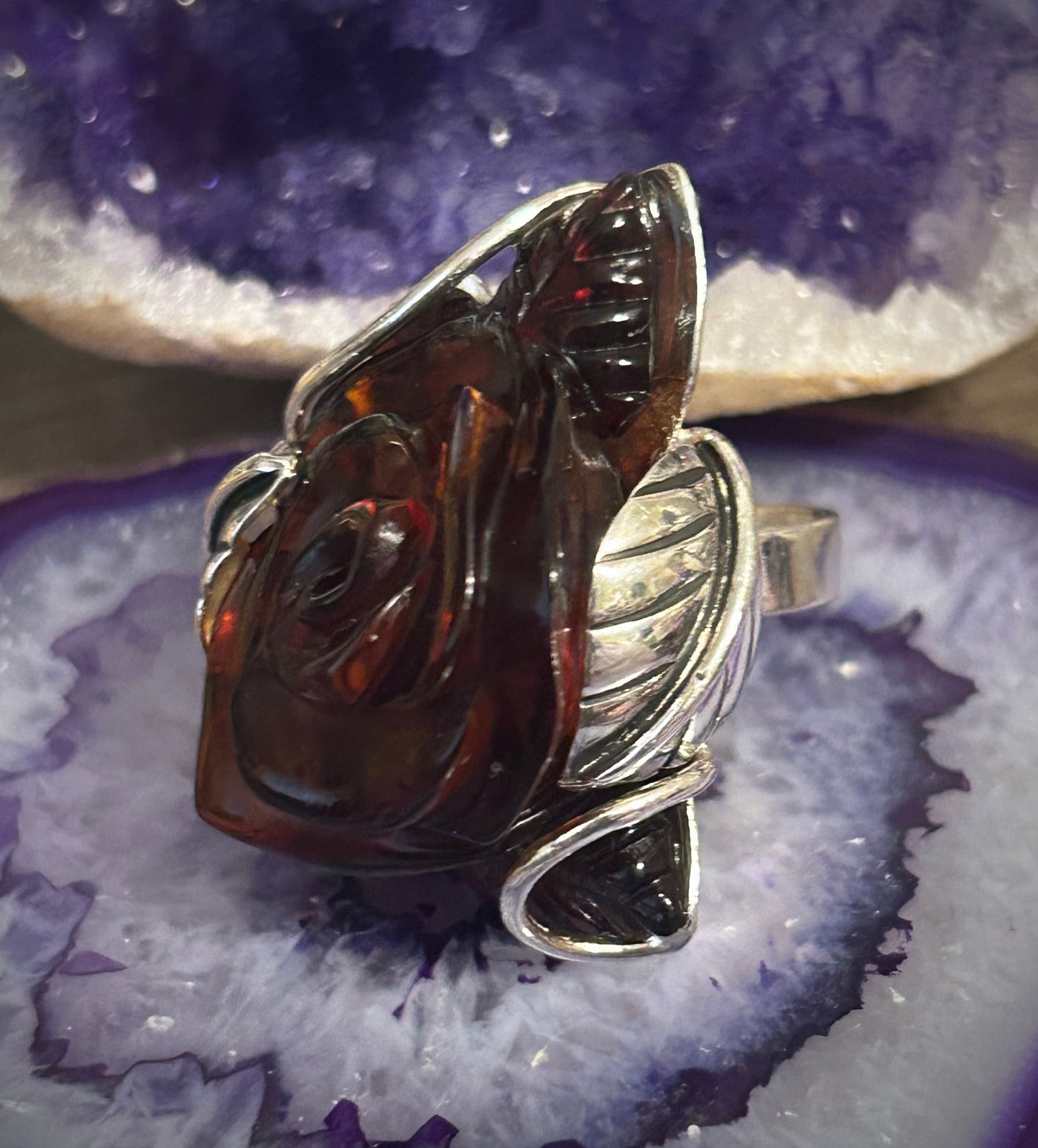 Sterling Silver Cherry Amber Big Rose Adjustable Ring