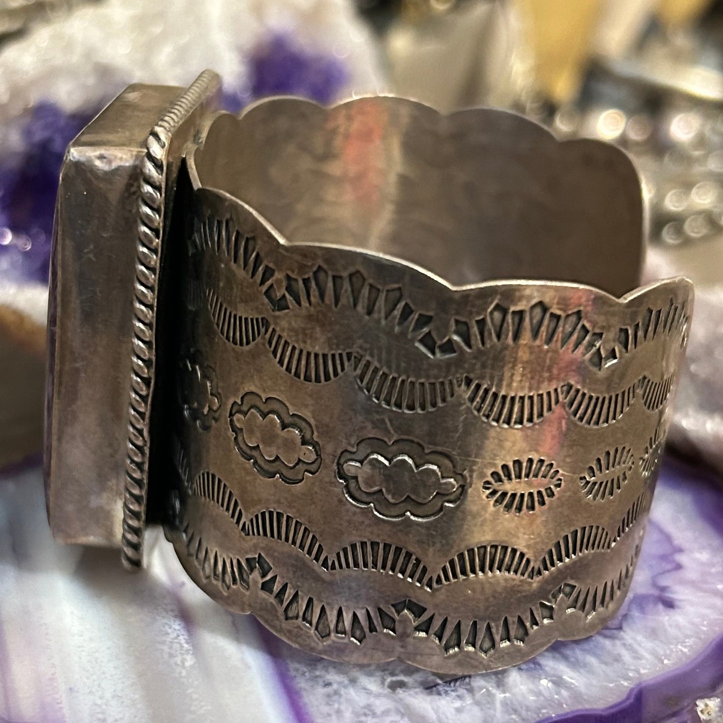 Sterling Silver & Charoite Southwestern Large Stamp Work Cuff