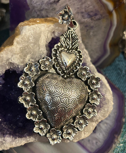 Sterling Silver Taxco Mexico Large Statement Heart w/ Swirls, Sacred Heart & Flowers Pendant