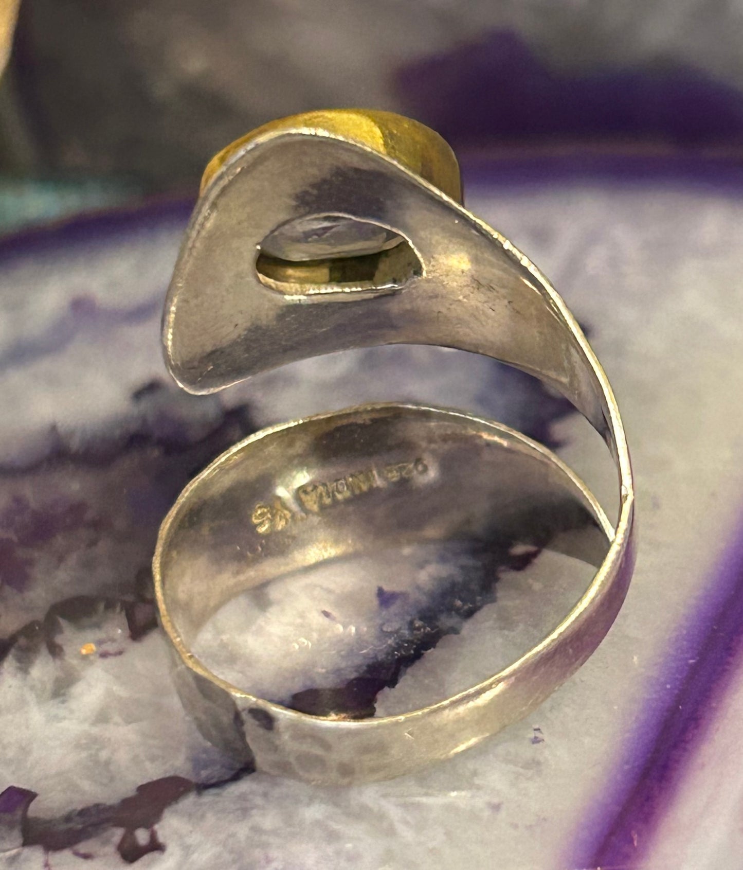 Sterling Silver 2-tone Hammered Bypass Ring w/ Green Amethyst