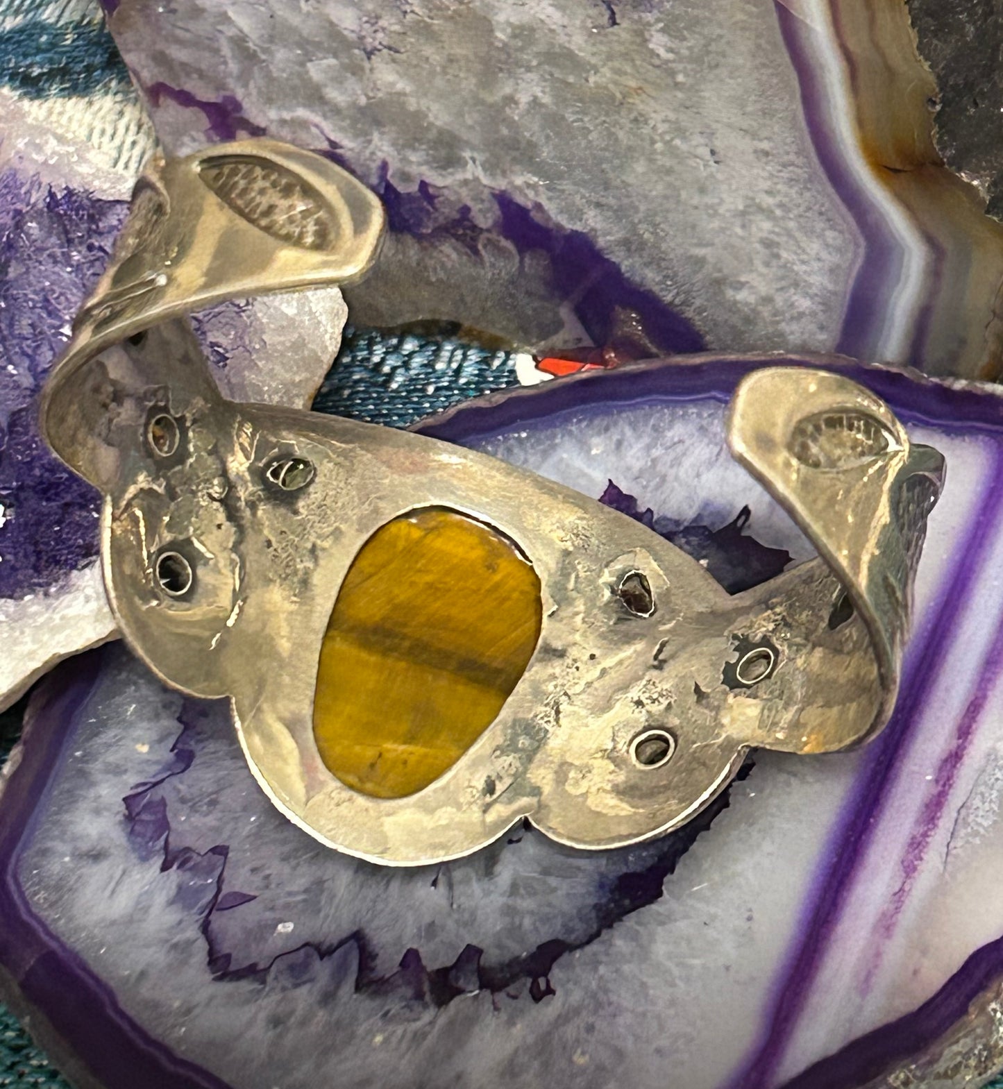 Sterling Silver, Tiger Eye, Multi-Stone Skull Cuff Bracelet