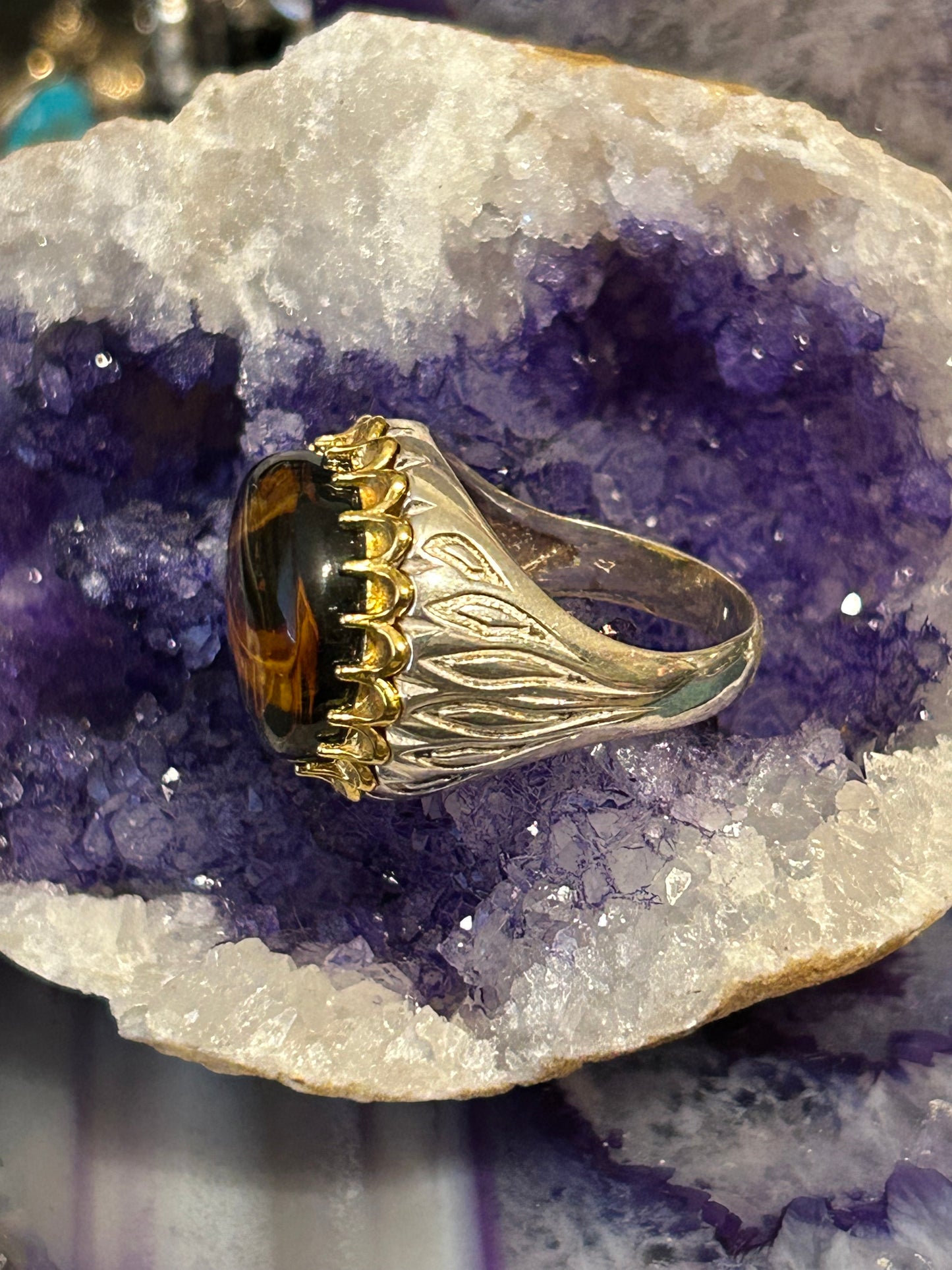 Sterling Silver And Natural Carved Amber Seeing Eye Ring • Size 10