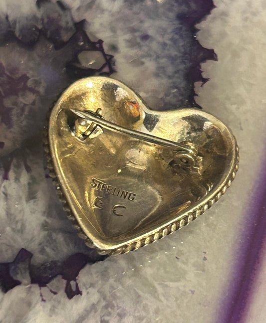 Sterling Silver Native American EC Signed Heart Brooch/Pin