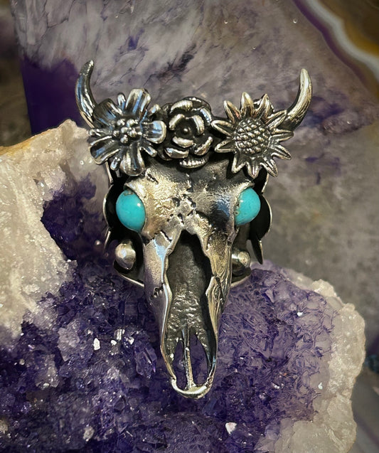Sterling Silver Taxco Mexico Large Bull Skull W/ Flowers Statement Ring Sz 7-8.5