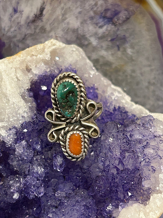 Sterling Silver Native Made Turquoise And Coral Ring Size 5