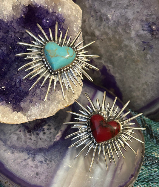 Sterling Silver Taxco Mexico Stone Heart Burst Rings