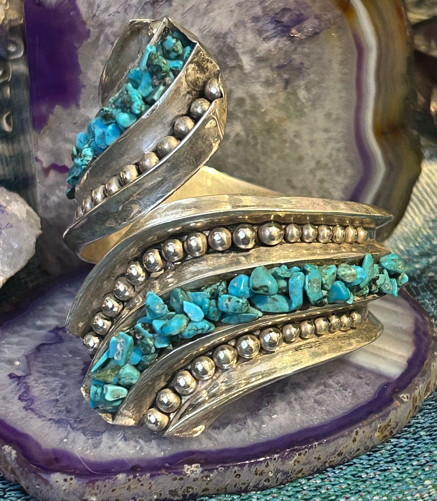 Vintage Sterling Silver Mexico Turquoise & Ball Clamper Hinge Bracelet