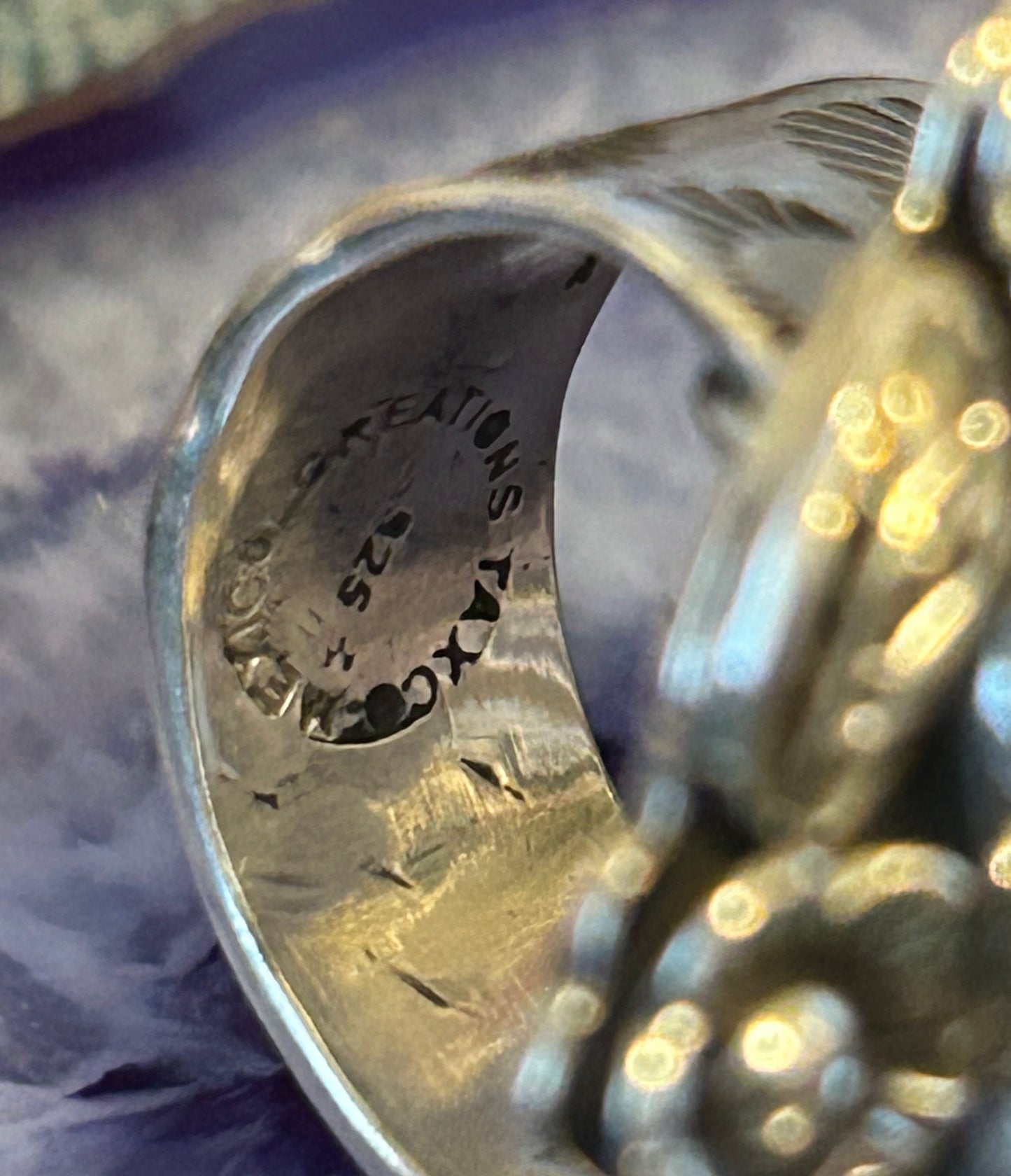 Taxco Mexico Sterling Silver Large Lavender Zircon Heart & Flowers Ring Adjustable