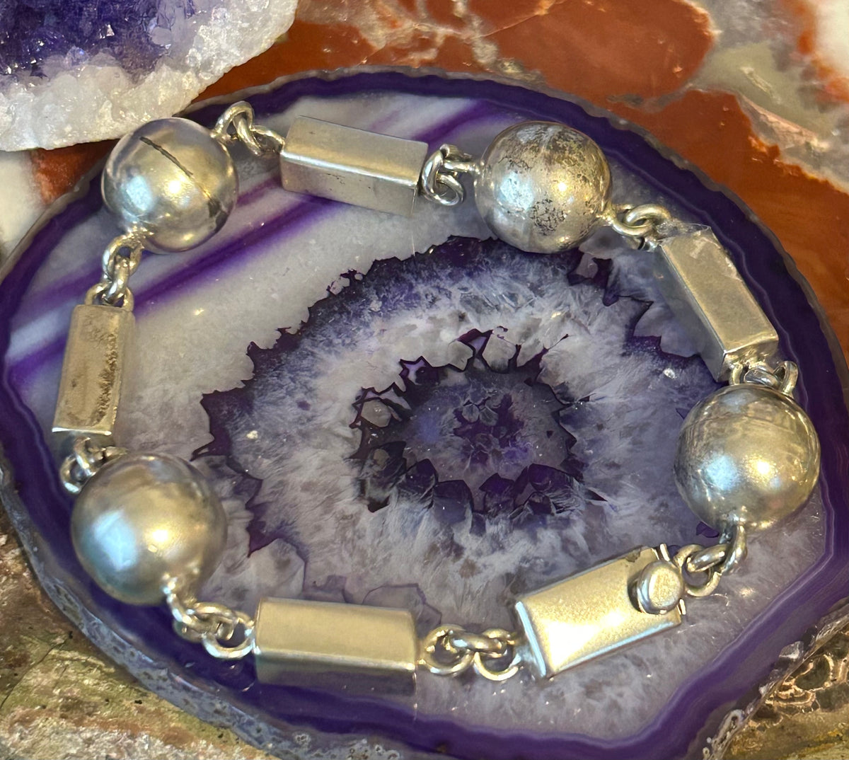 Vintage Taxco Mexico Sterling Silver Chunky Bar & Ball Link Bracelet