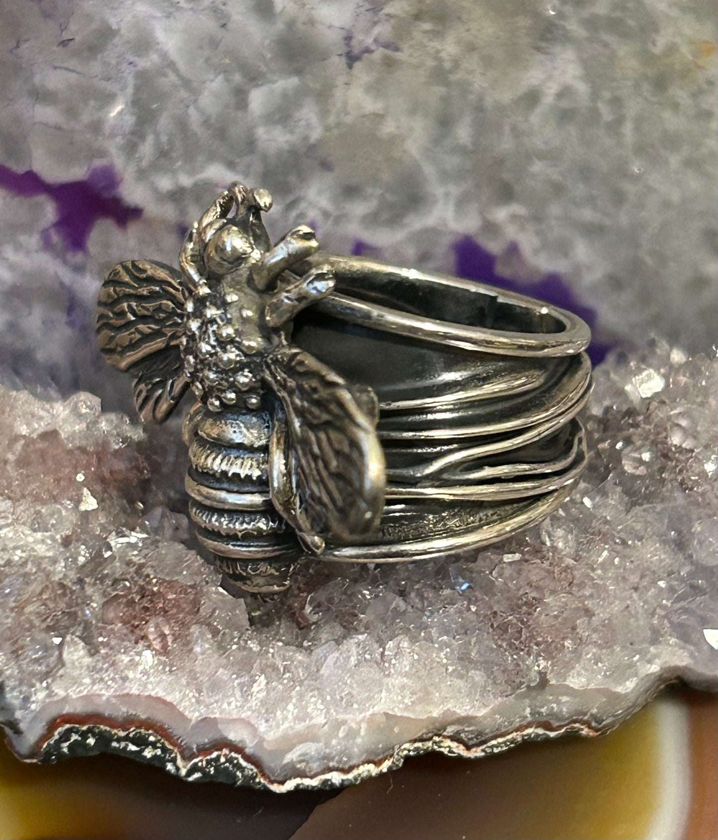 Sterling Silver Taxco Mexico Handmade Bee Insect Wide Band Ring Size 7-8.5