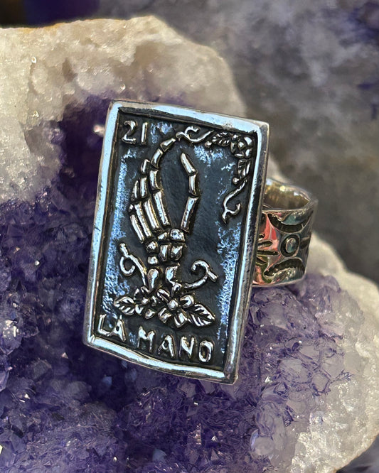 Sterling Silver Modern Taxco Mexico “LA MANO” Skeleton Hand Card Ring