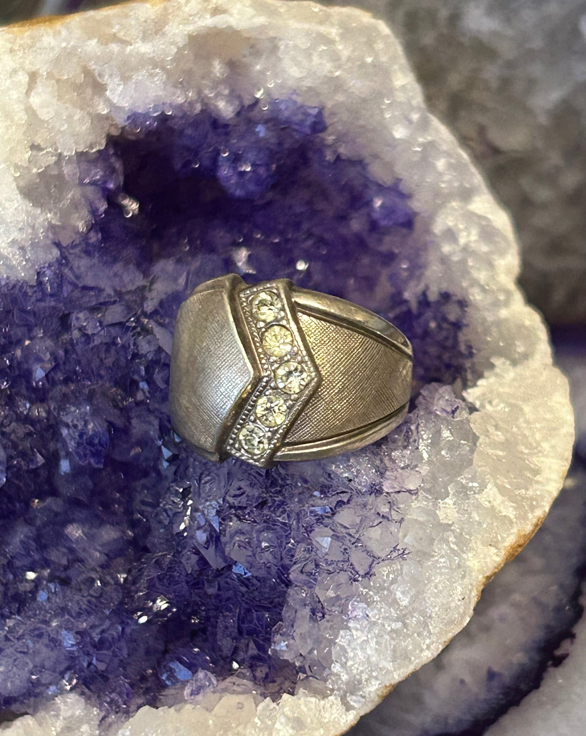 Vintage Sterling Silver Modernist w/ CZ accents Ring Size 6