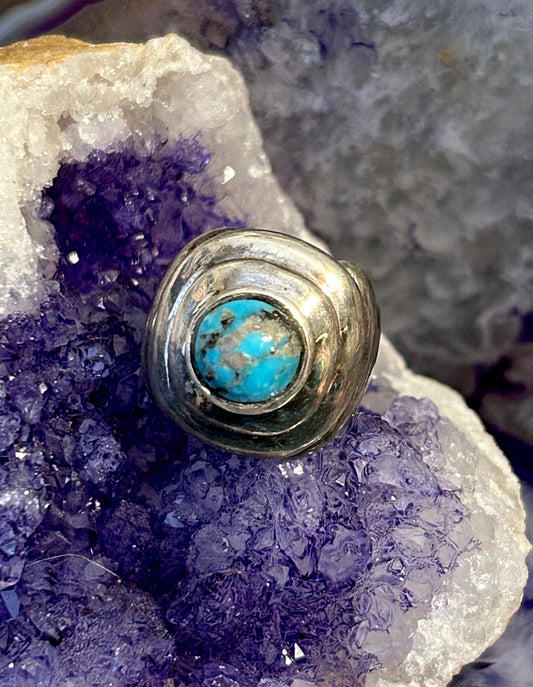 Vintage Sterling Silver Turquoise Modernist Shaped Chunky Ring Size 6.5