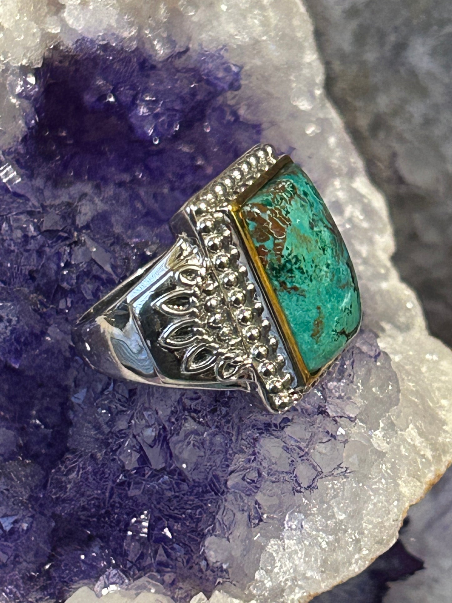 Sterling Silver Chrysocolla Chunky Ring w/ Gold Over Accent Size 6.5