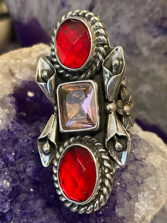 Sterling Silver Taxco Mexico Statement Ring w/ Pink & Red Natural Stones • Size 5-6