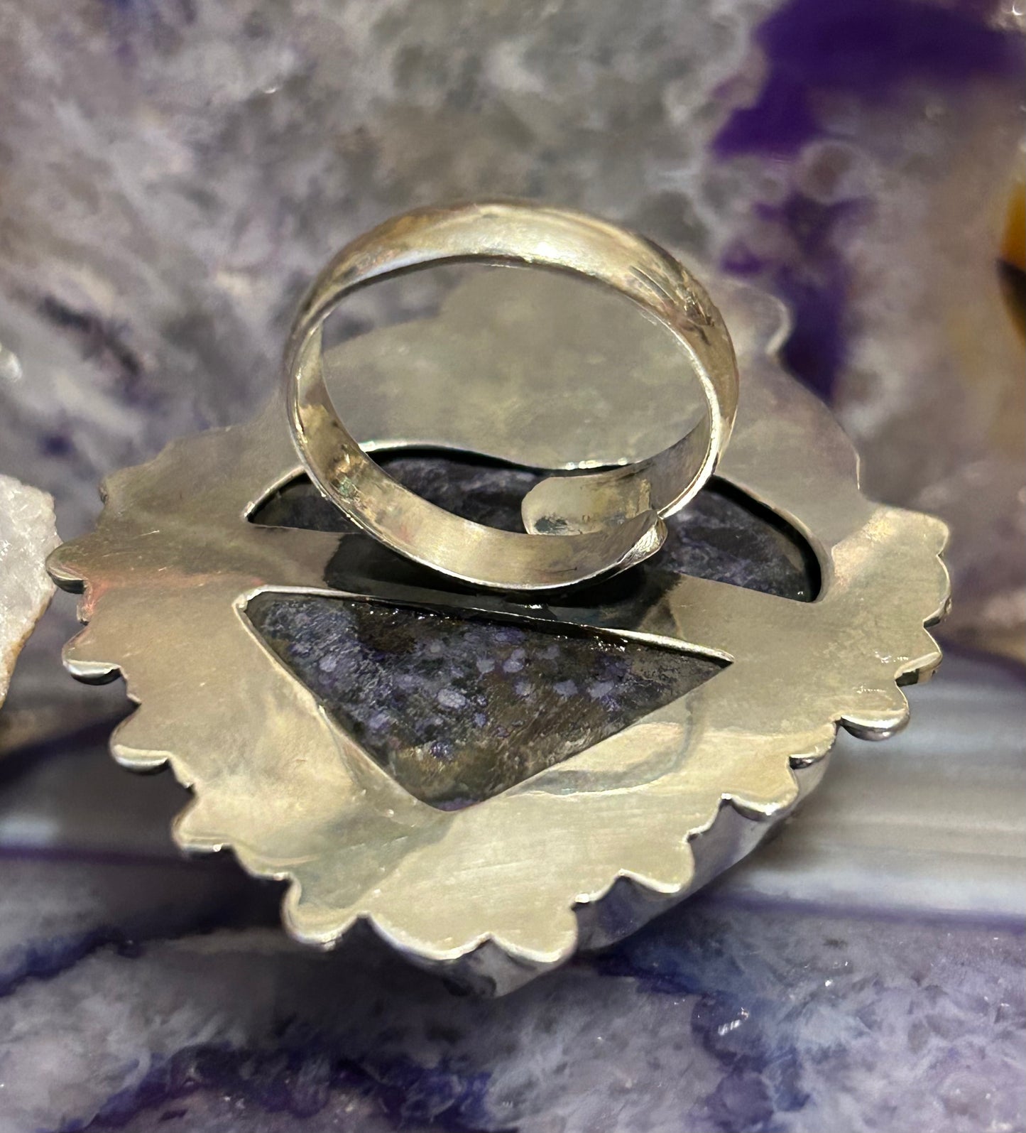 950 Silver Taxco Mexico Large Huge Amethyst Stone Heart Ring Adjustable