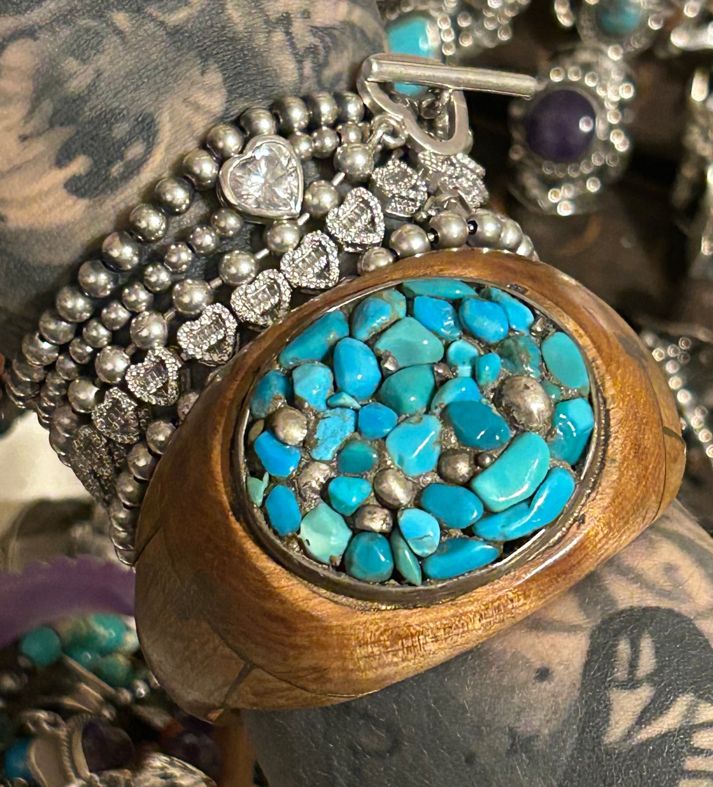 Vintage Unique Wood Cuff Bracelet With Sterling Silver & Turquoise