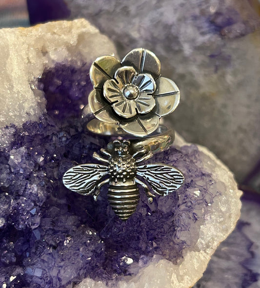 Sterling Silver Taxco Mexico Bee And Flower Bypass Ring Adjustable