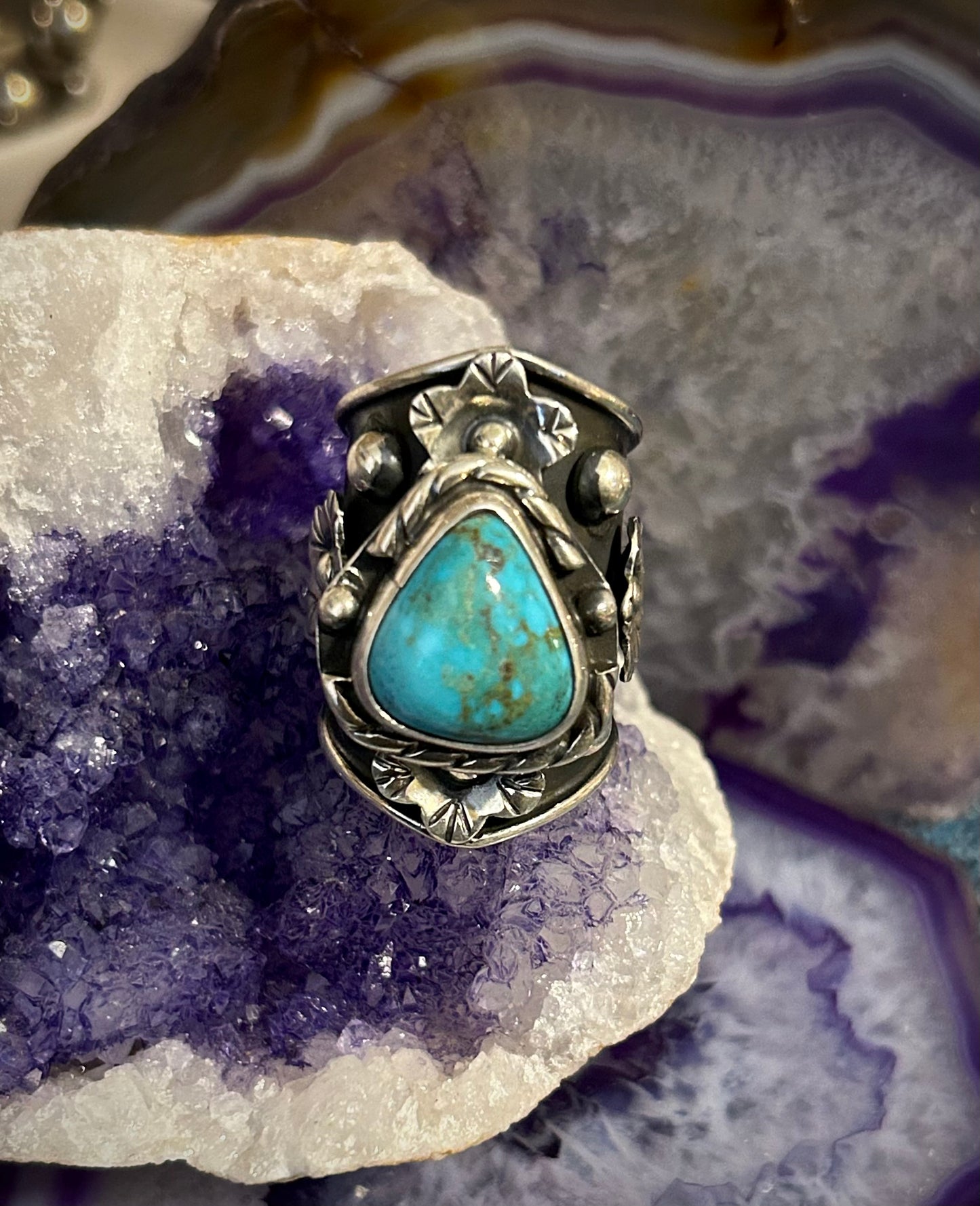 Sterling Silver Taxco Mexico Turquoise & Flowers Wide Band Statement Ring Sz 7-9