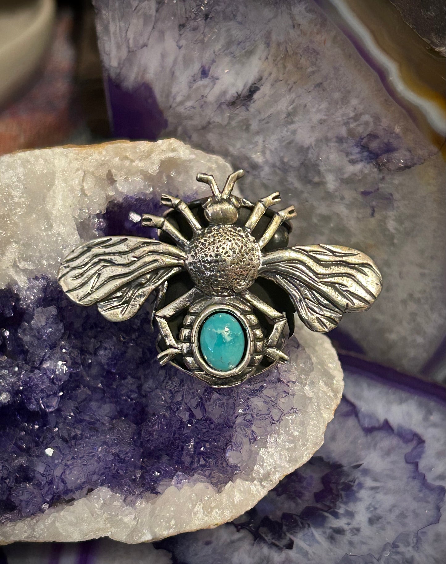Sterling Silver Taxco Mexico Bee, Flowers & Turquoise Statement Ring Size 7-9