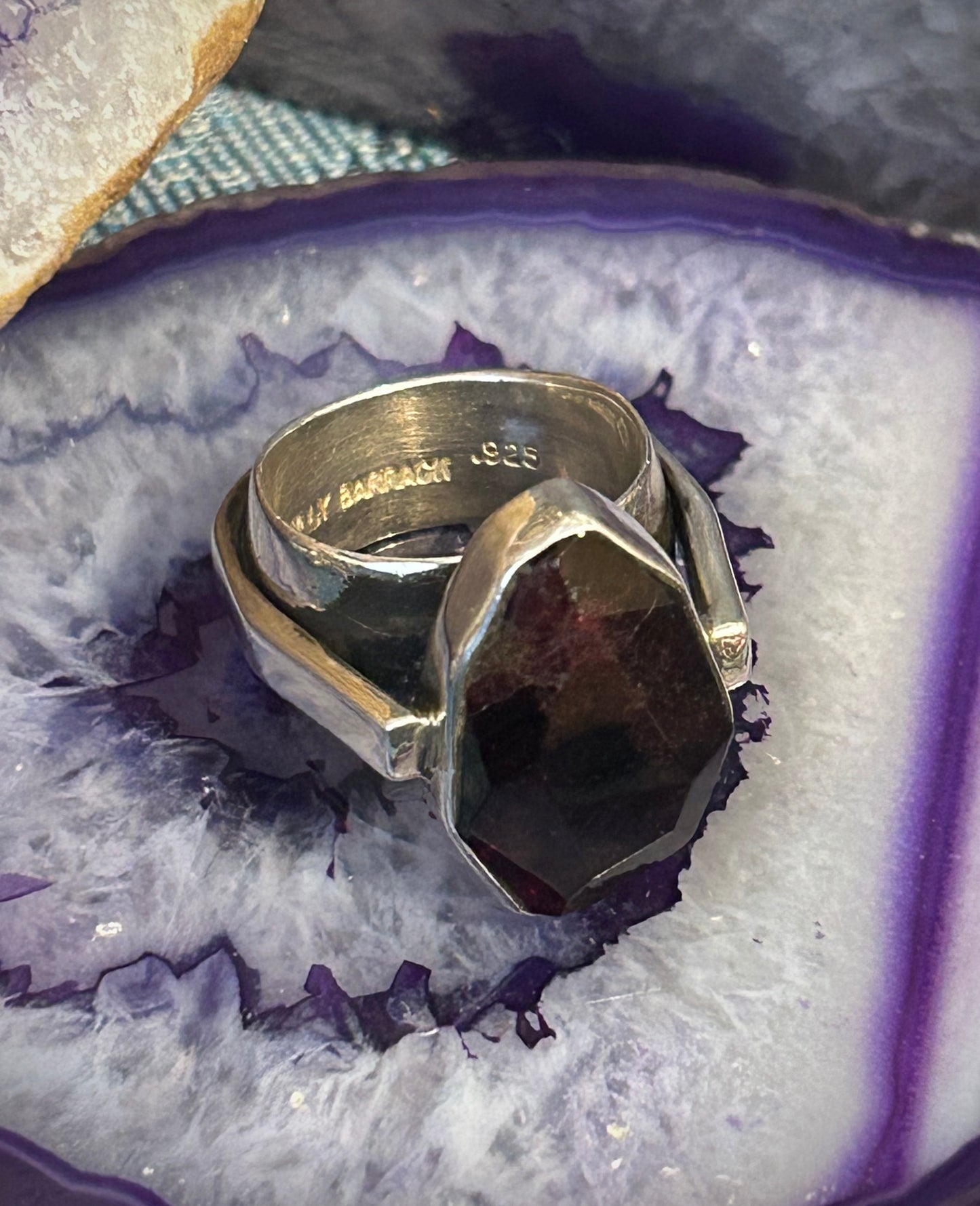 Sterling Silver Lilly Barrack Chunky Modernist Garnet Ring Size 9