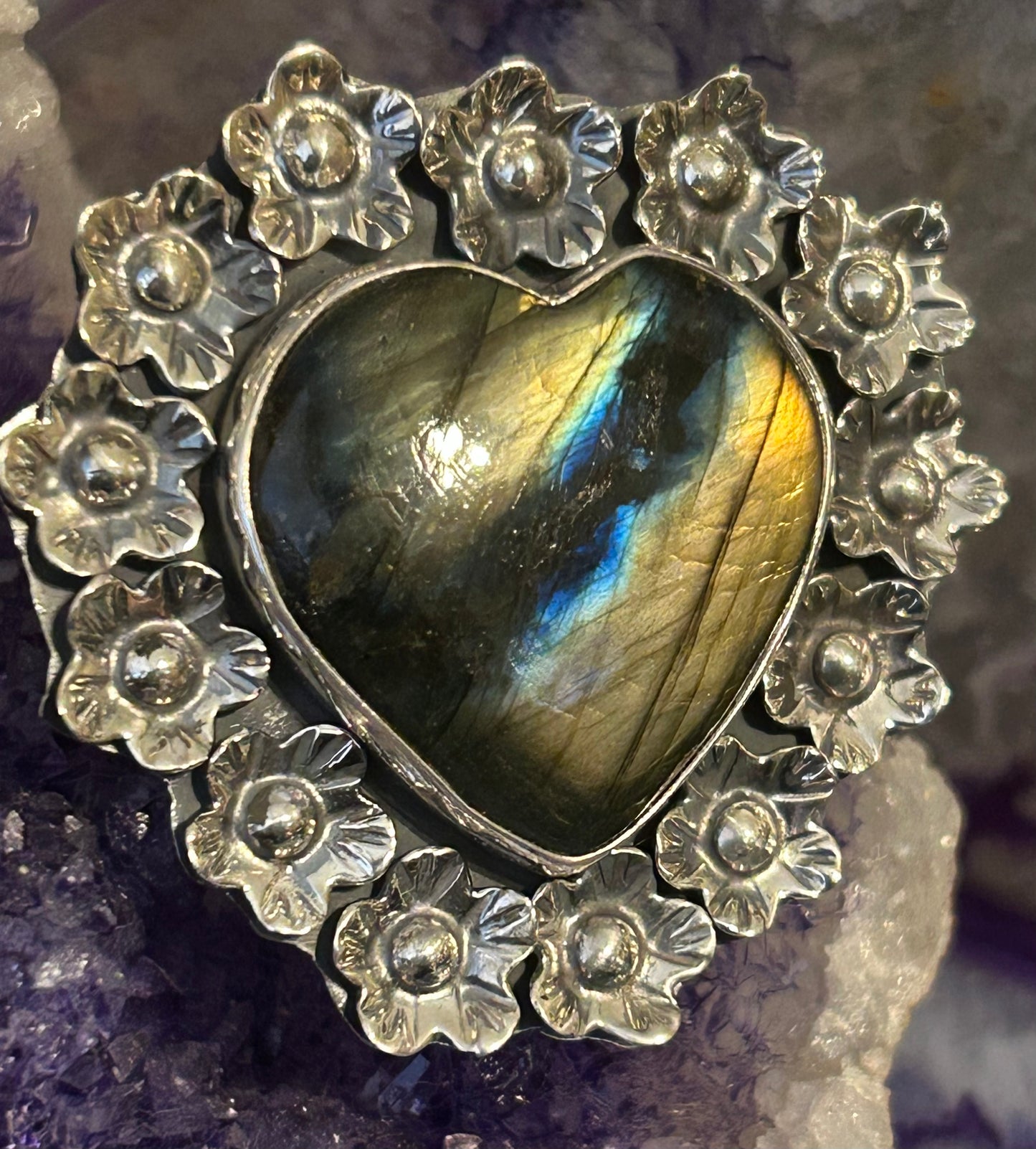 Sterling Silver Taxco Mexico Labradorite Stone Heart Ring w/ Flowers