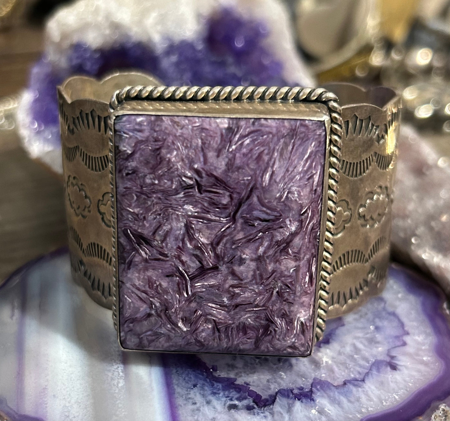 Sterling Silver & Charoite Southwestern Large Stamp Work Cuff