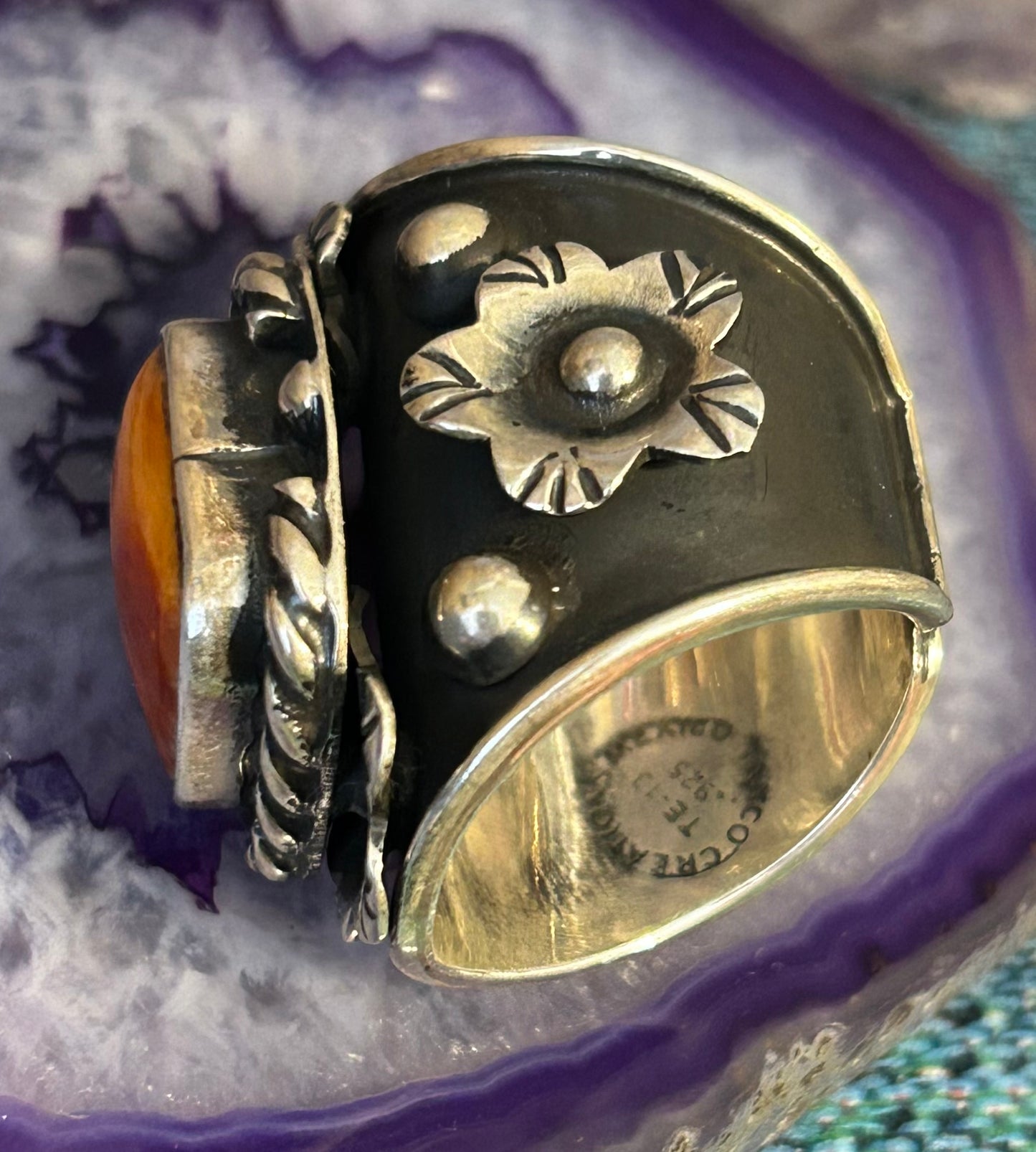 Sterling Silver Taxco Mexico Spiny Oyster & Flowers Wide Band Statement Sz 7-9