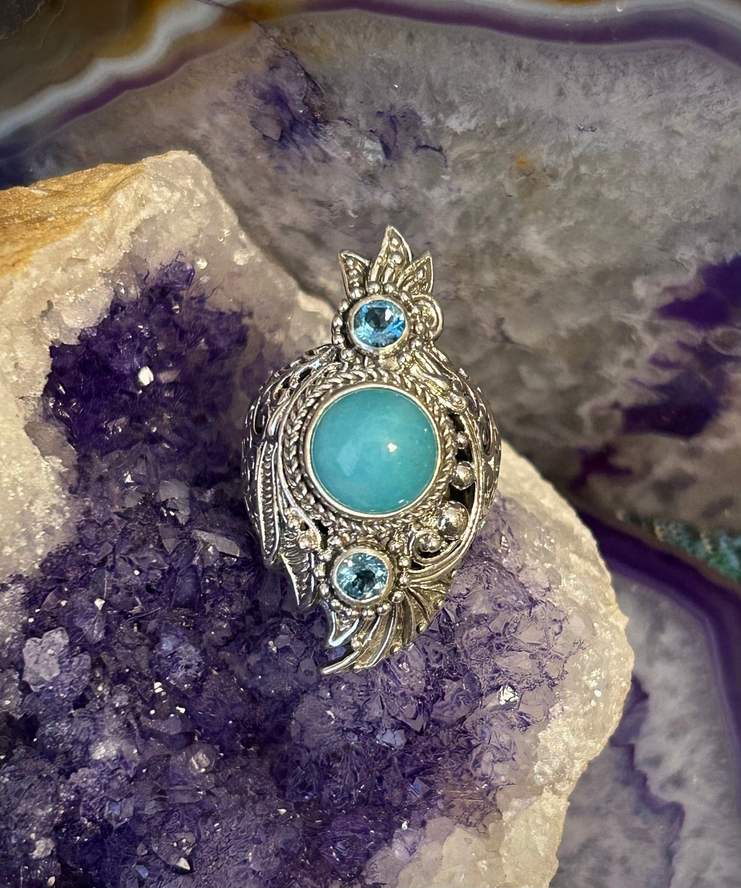 Sterling Silver SARDA Larimar & Blue Topaz Ornamental Statement Ring Size 7