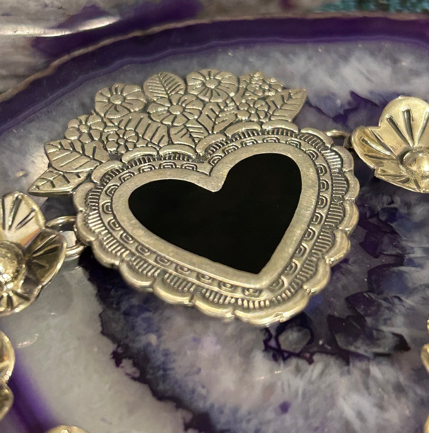 Sterling Silver Made In Taxco Flower & Heart Link Bracelet