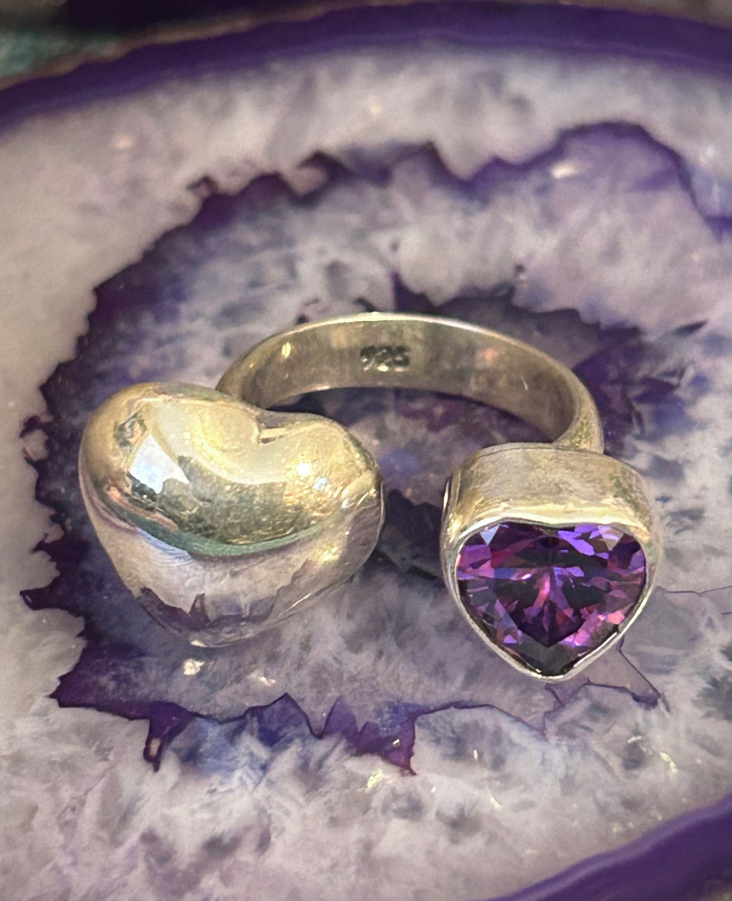 Sterling Silver Modern Taxco Mexico Purple Zircon & Puffy Heart Bypass Ring • 7-8.5