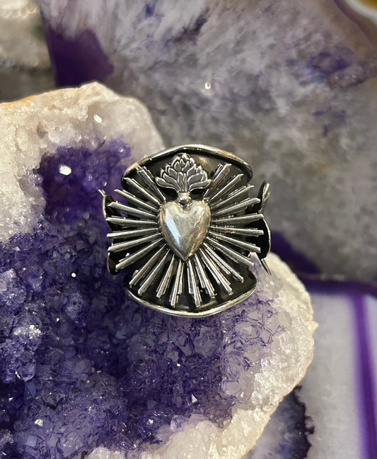 Taxco Mexico Sterling Silver Sacred Heart & Flowers Statement Ring Size 7-9