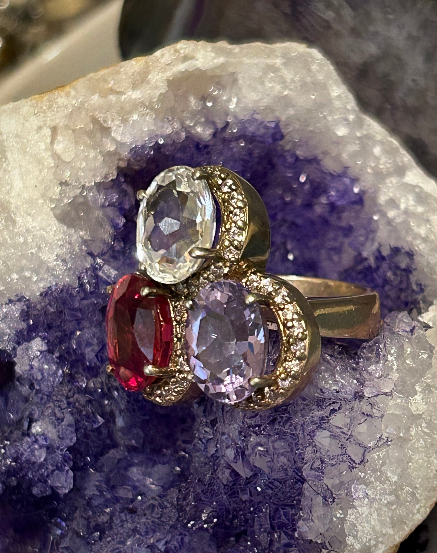 Sterling Silver w/ Gold Over & Genuine Ruby, Amethyst, White Topaz Ring Size 6