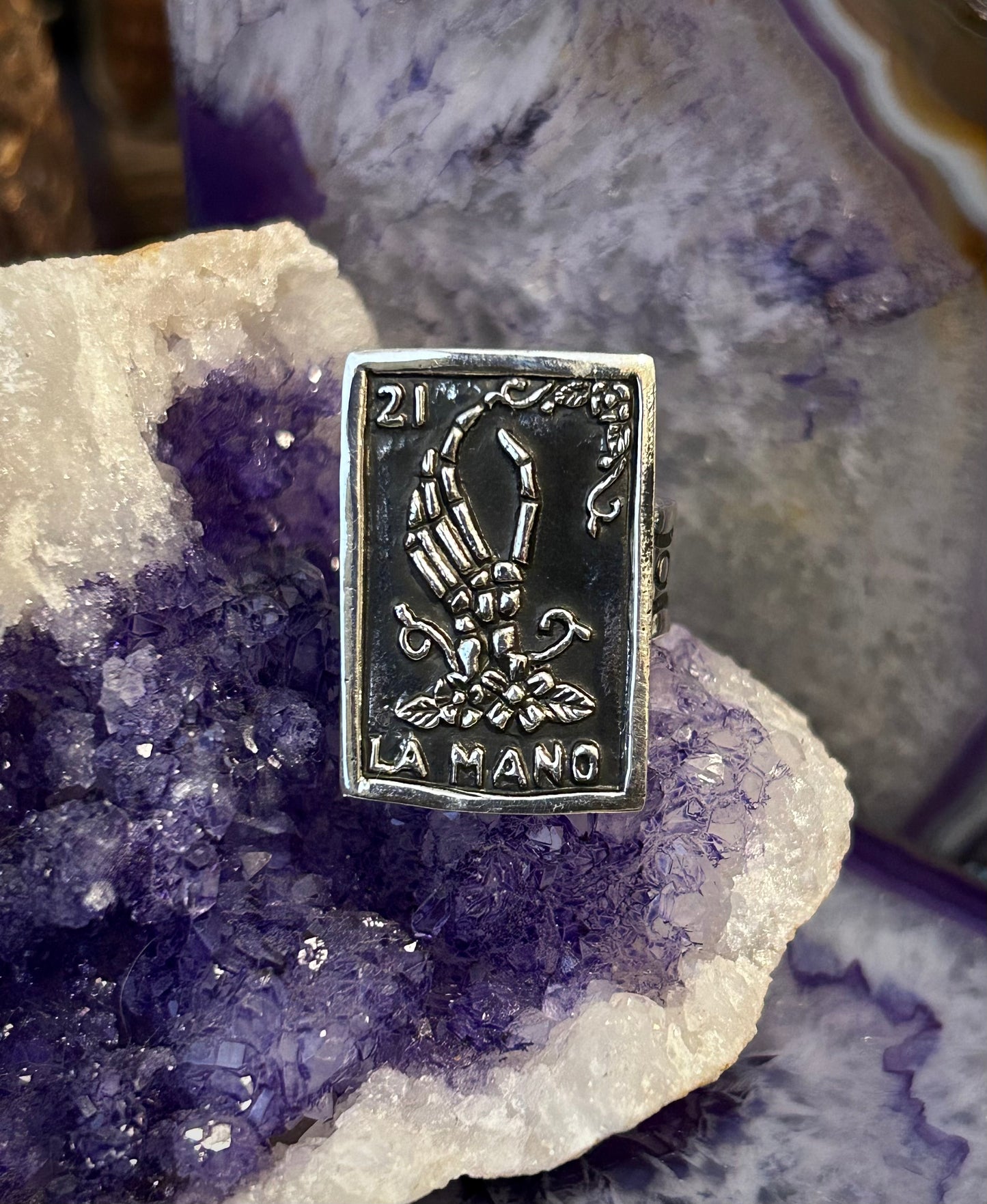 Sterling Silver Modern Taxco Mexico “LA MANO” Skeleton Hand Card Ring