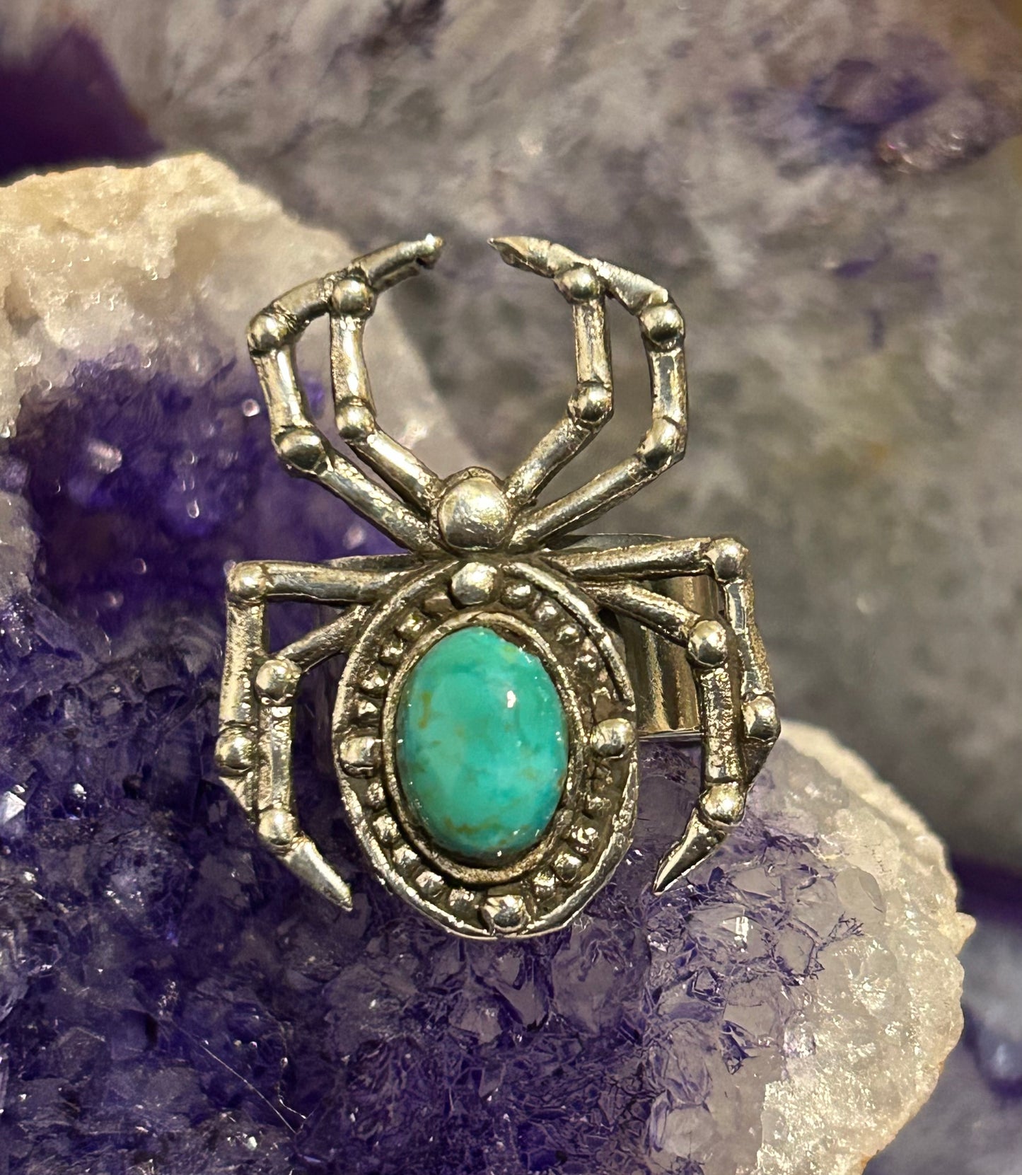 Sterling Silver Taxco Mexico Spider Ring With Roysten Turquoise Adjustable
