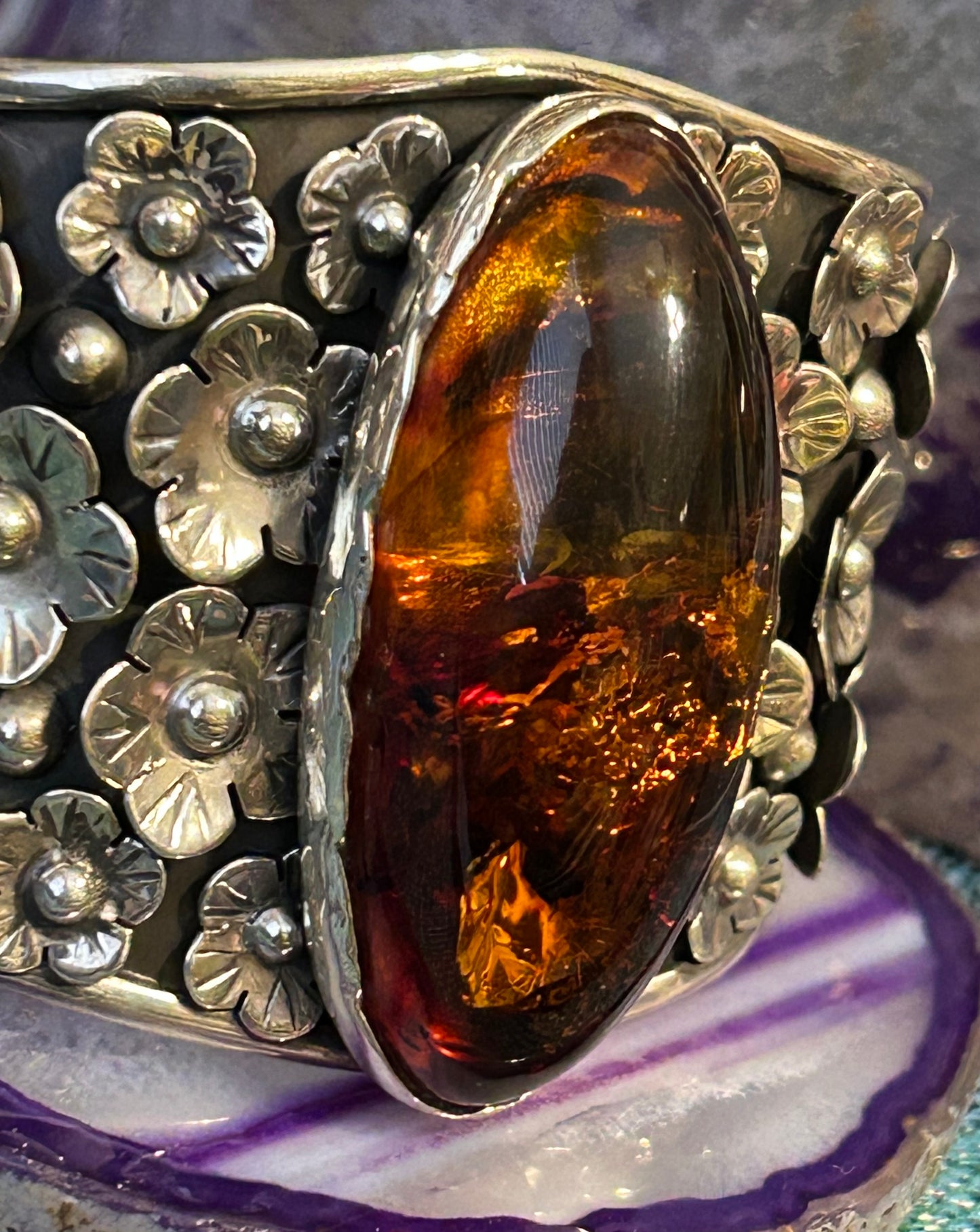 Sterling Silver Modern Taxco Mexico Statement Flowers & Baltic Amber Cuff Bracelet