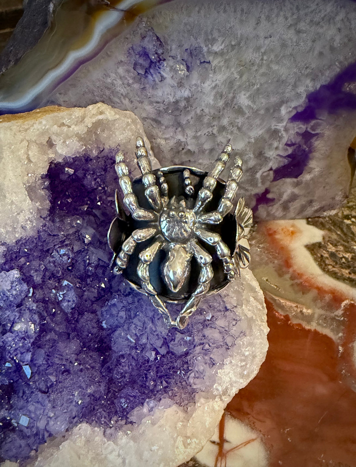 Taxco Mexico Sterling Silver Tarantula Spider & Flowers Ring • Size 7-9