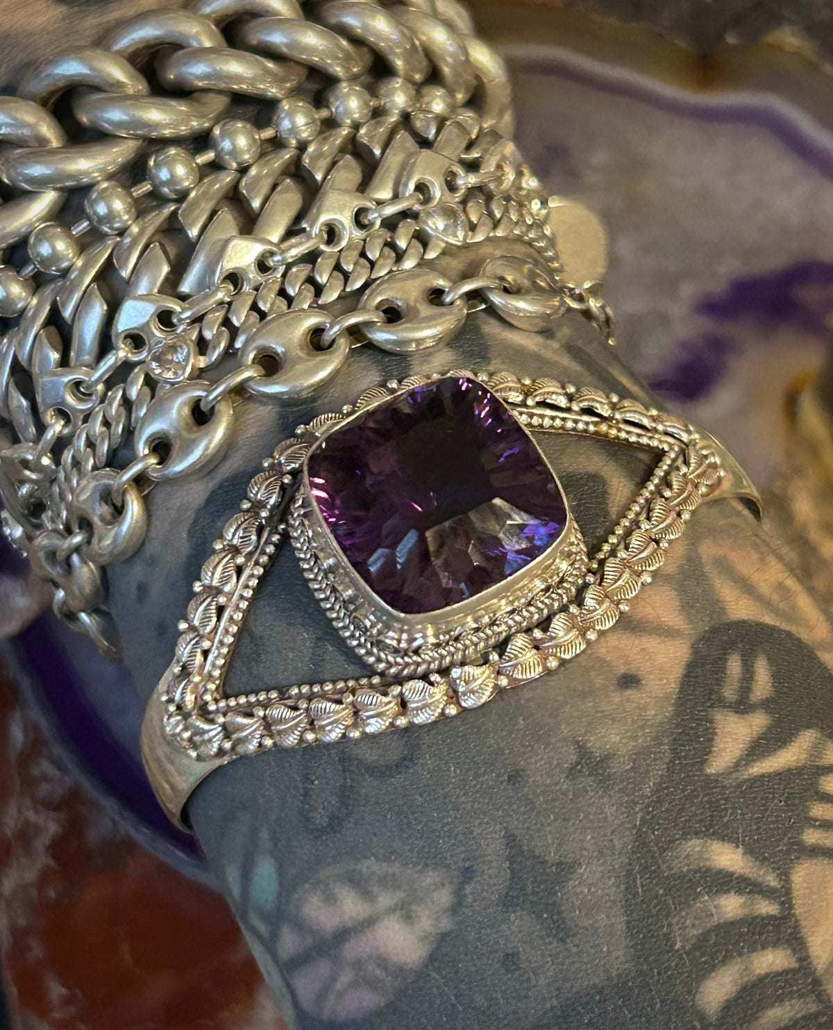 Sterling Silver Bali Large Amethyst Stone Cuff Bracelet
