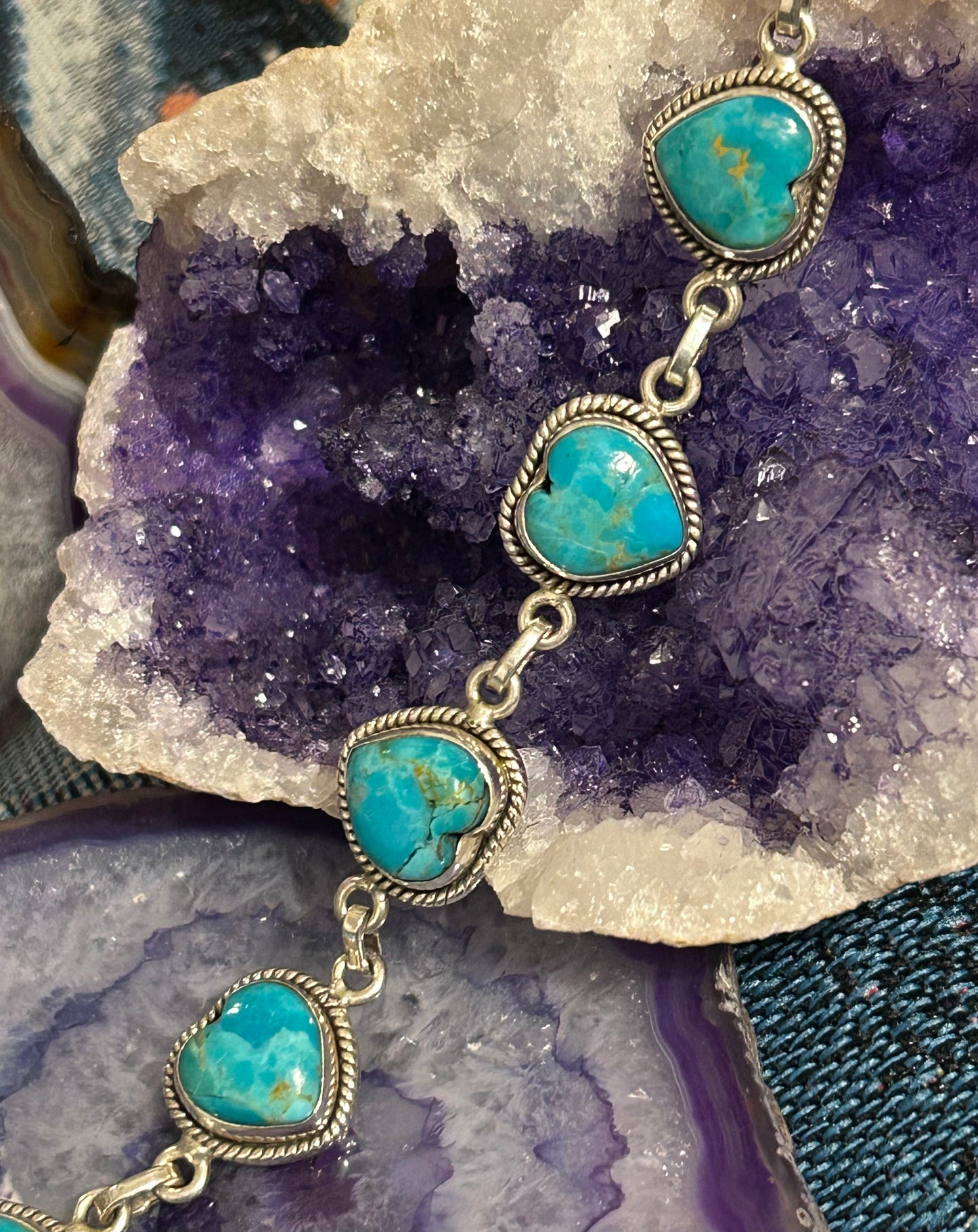 Sterling Silver & Turquoise Stone Heart Link Bracelet