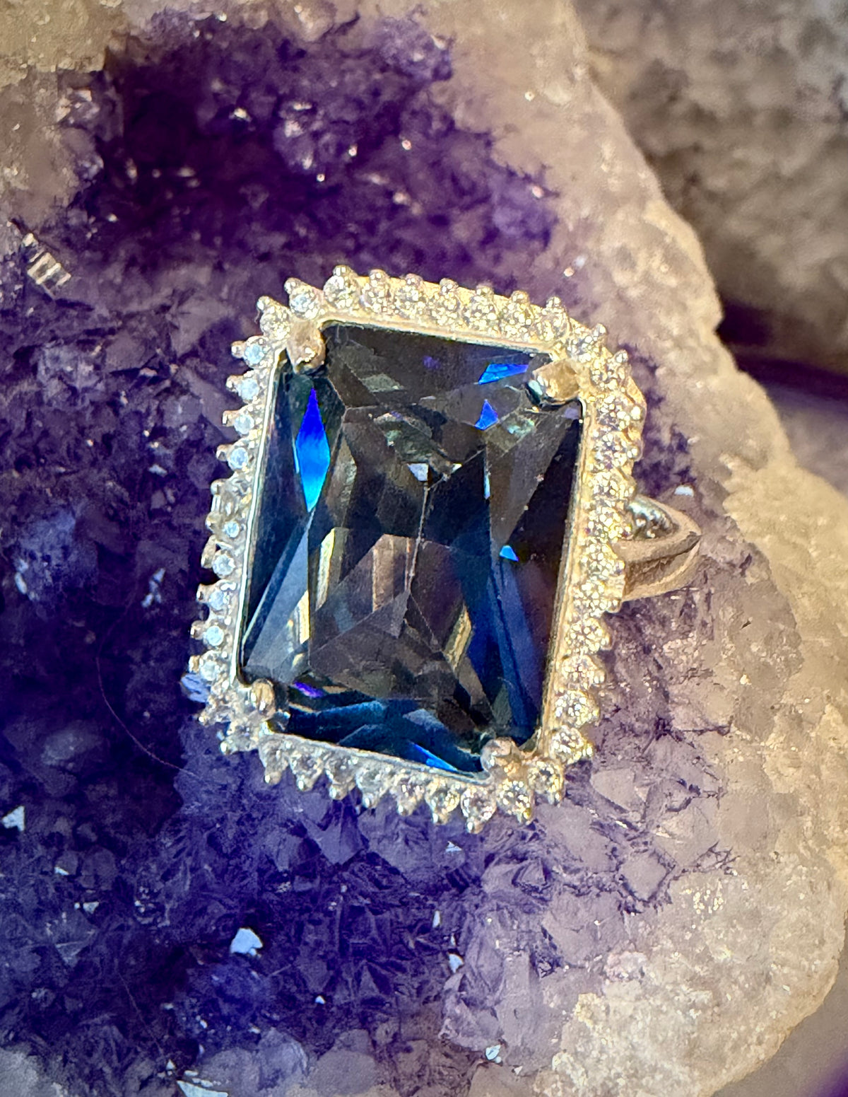 Modern Sterling Silver Large Mystic Topaz CZ Ring Size 6