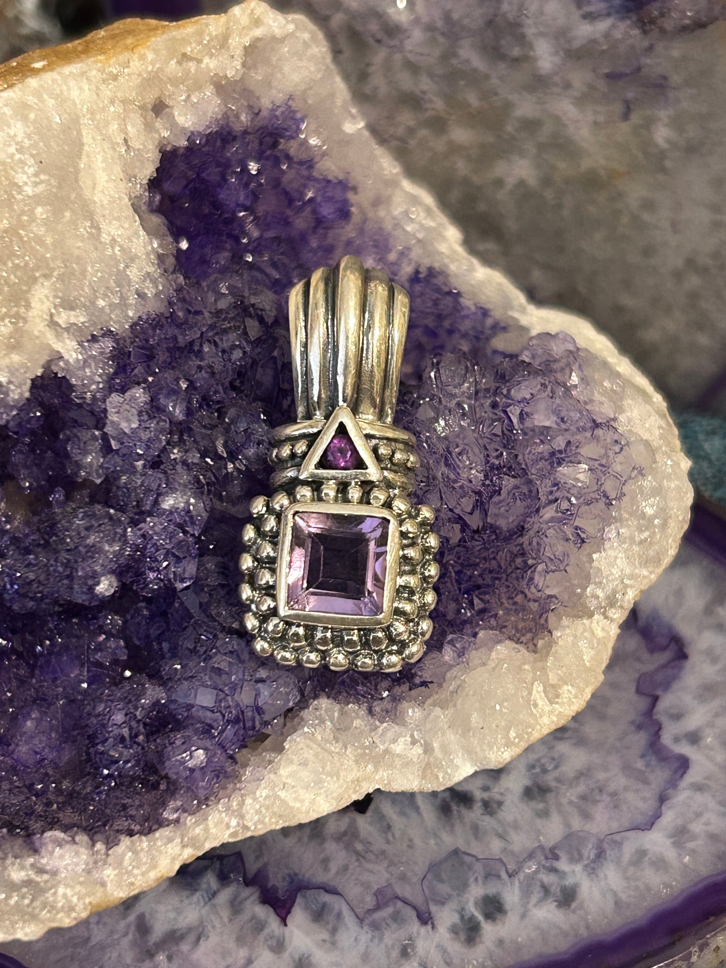 Vintage Deadstock Sterling Silver & Natural Amythest Enhancer Pendant