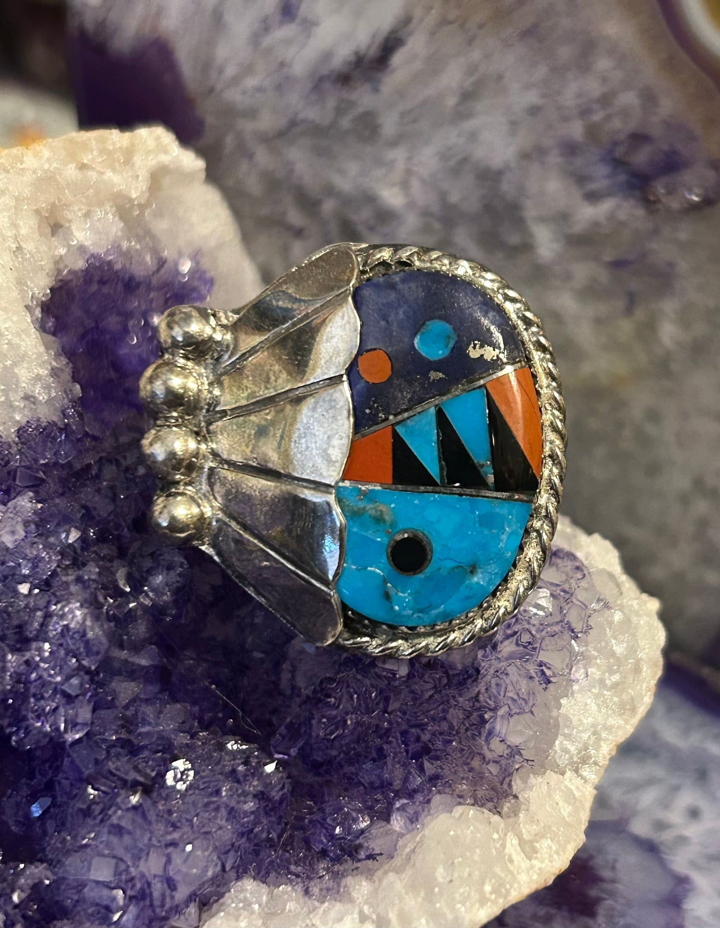Vintage Sterling Silver Multi-stone Inlay Large Ring Size 9.5