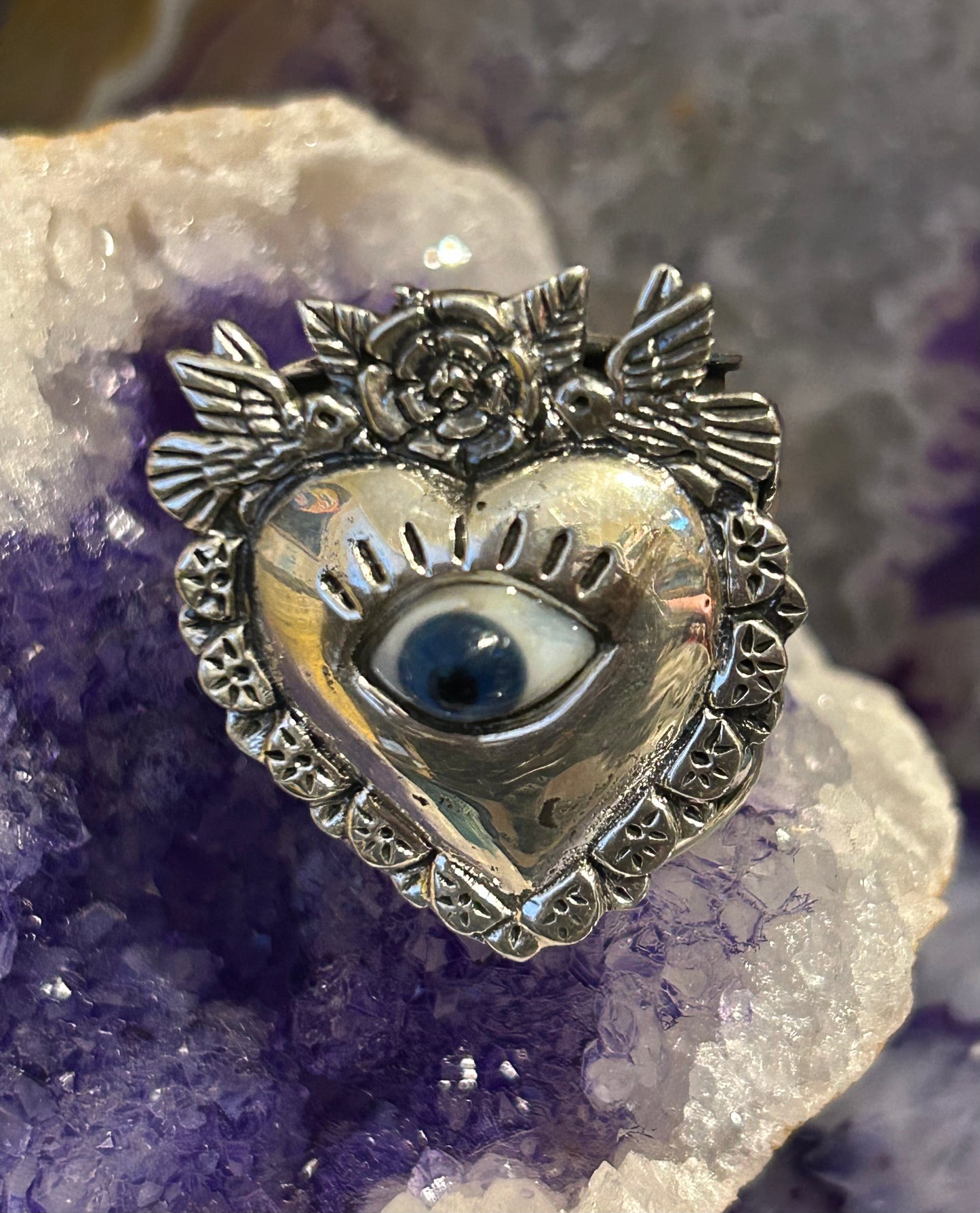 950 Silver Taxco Mexico Seeing Eye Heart W/ Rose And Birds Size 8-10