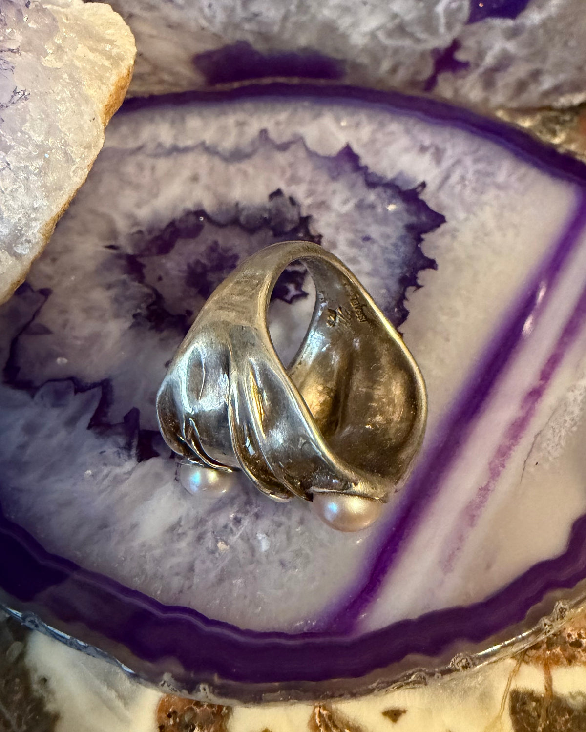 Vintage Israel Sterling Silver Modernist Pearl Abstract Ring Size 7