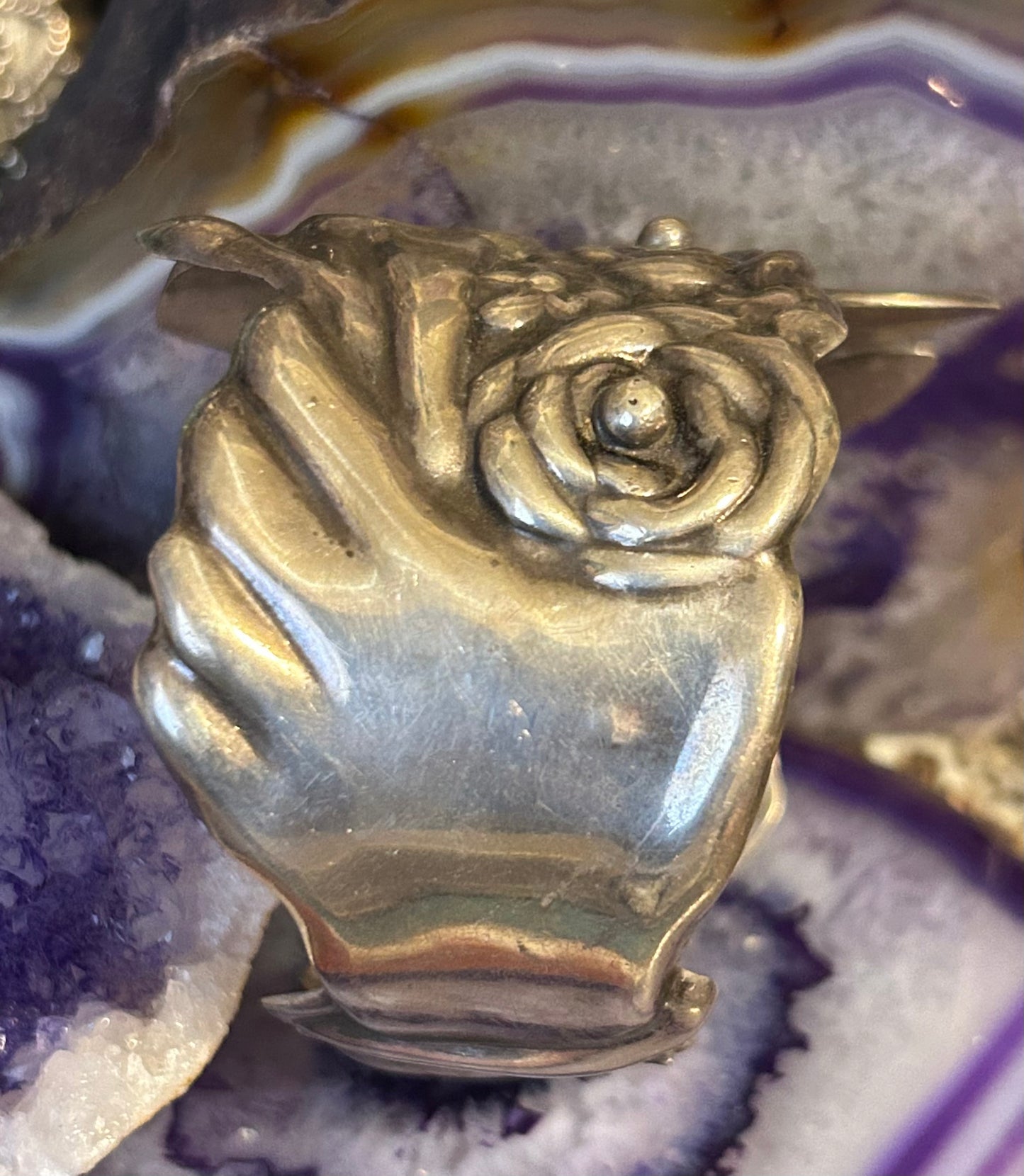 Vintage Taxco Mexico Sterling Silver bouquet of Hearts & Roses Repousse Clamper Bracelet