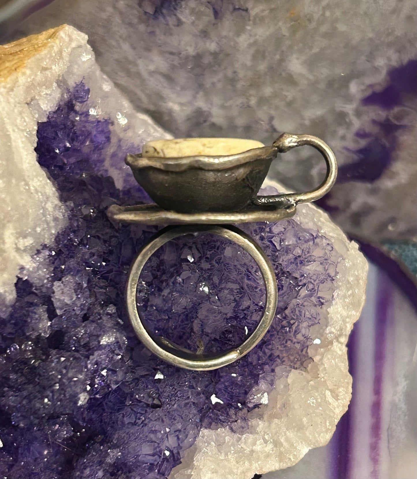 Sterling Silver And Butterscotch Amber Coffee Tea Cup Adjustable Ring