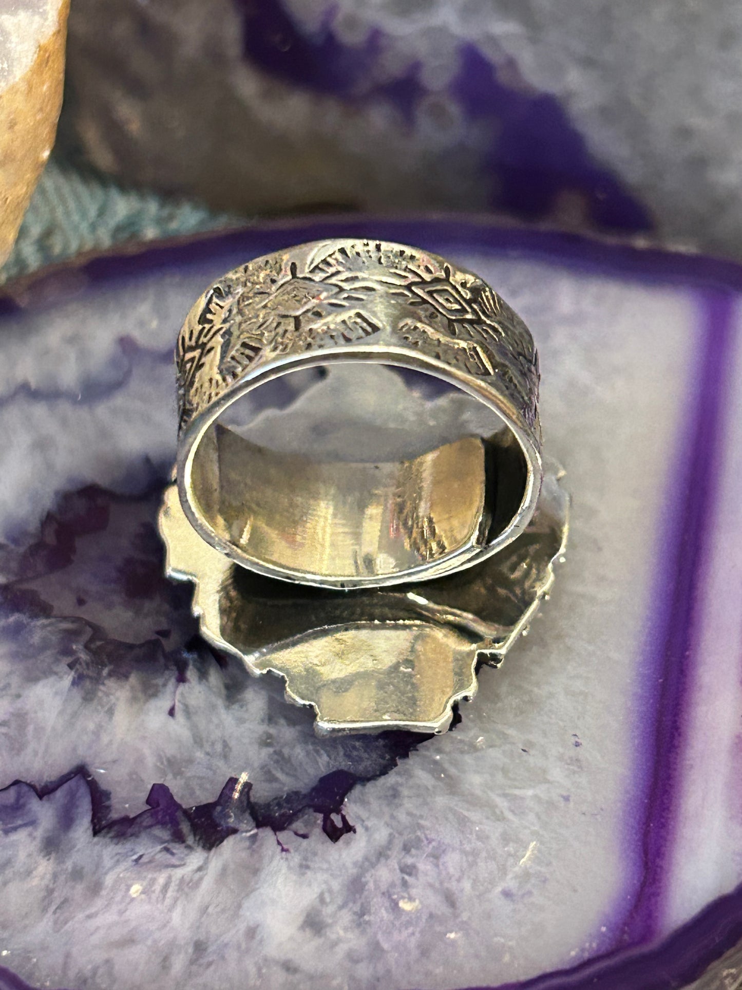 Sterling Silver Taxco Mexico Sacred Heart & Eye Of Protection Adjustable Ring