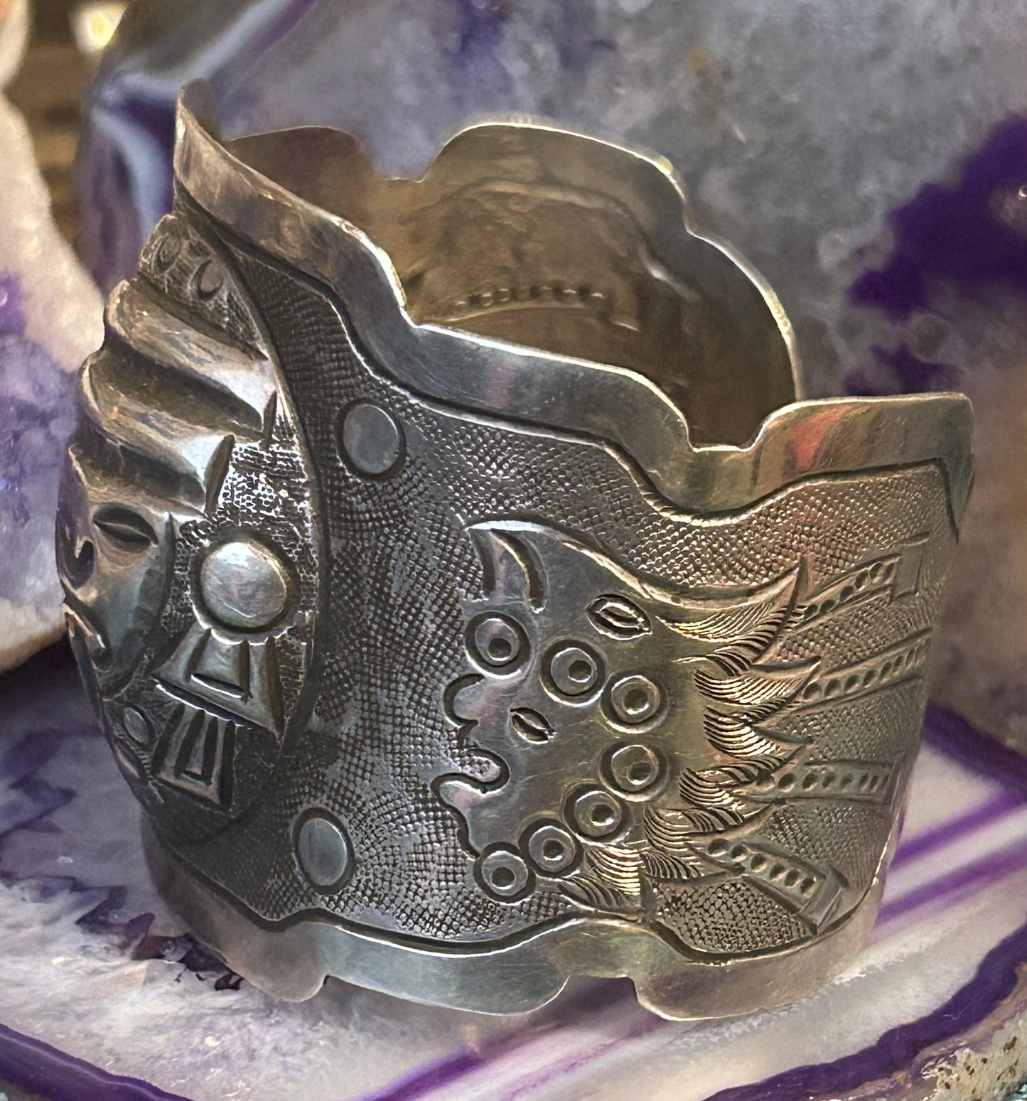 Vintage Sterling Silver 925 Mexico Warrior Mask Cuff Bracelet