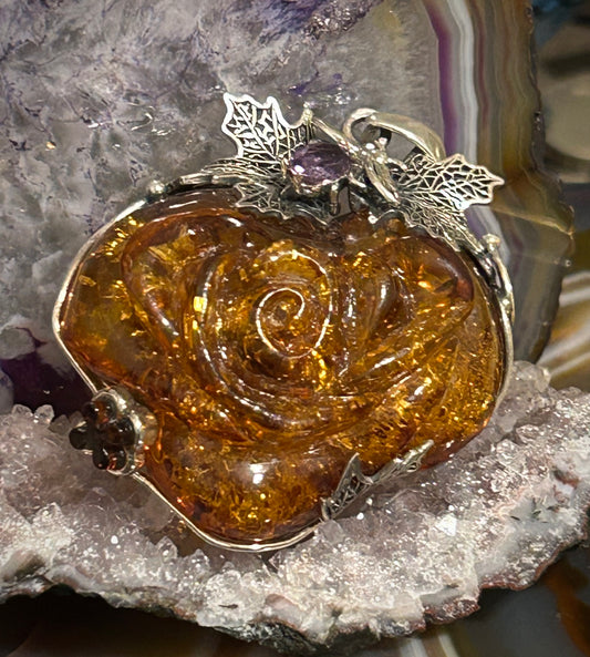 Sterling Silver & Baltic Amber Statement Large Handmade Rose Pendant