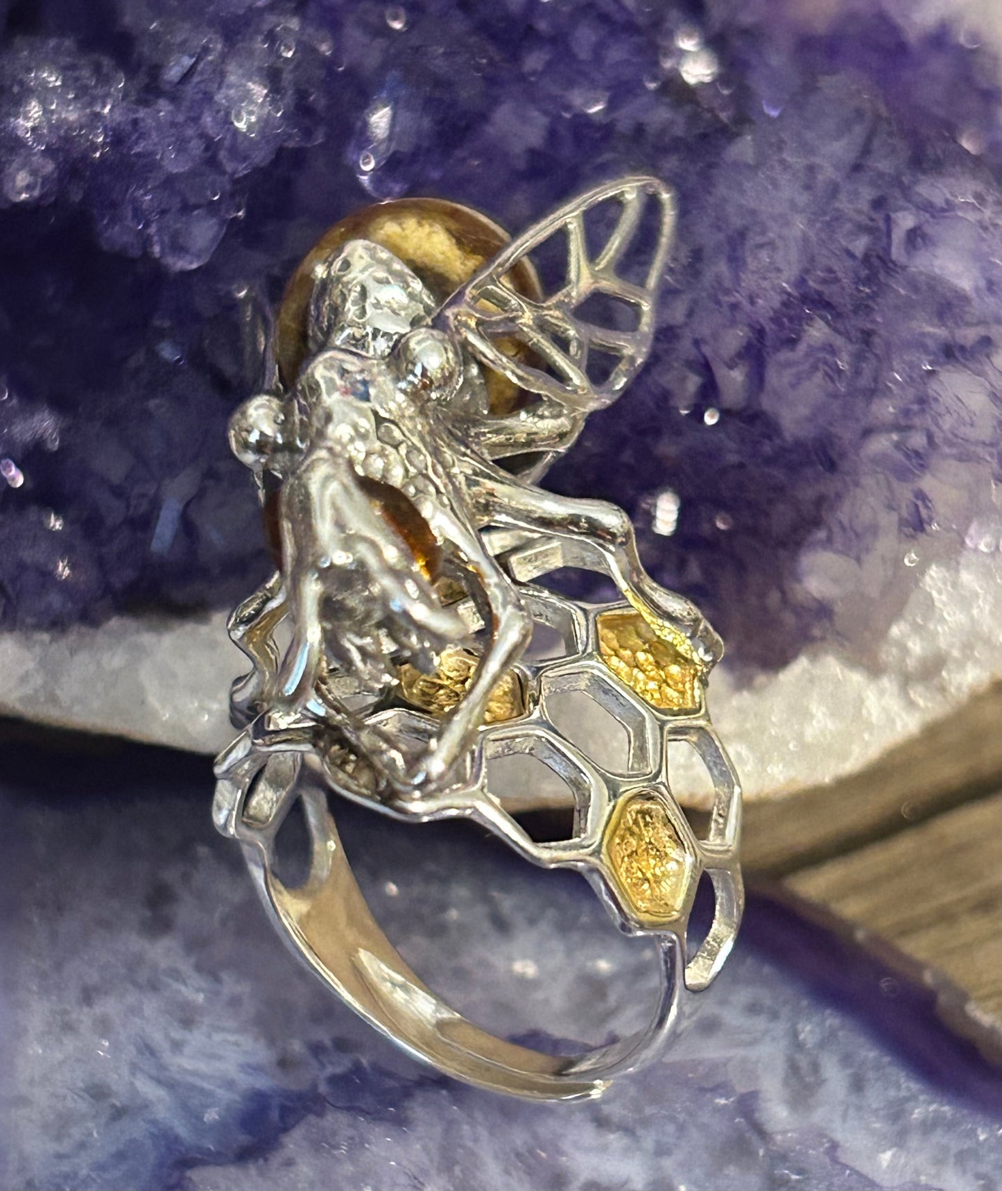 Sterling Silver & Genuine Amber Large Bee Adjustable Ring